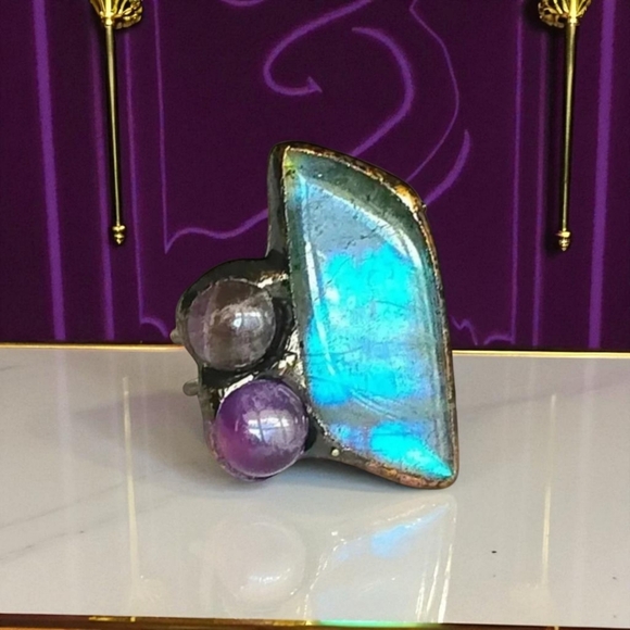 ποΈBoho Chic Labradorite & Amethyst Adjustable Copper Ring Rustic Vintage Style - Picture 4 of 16